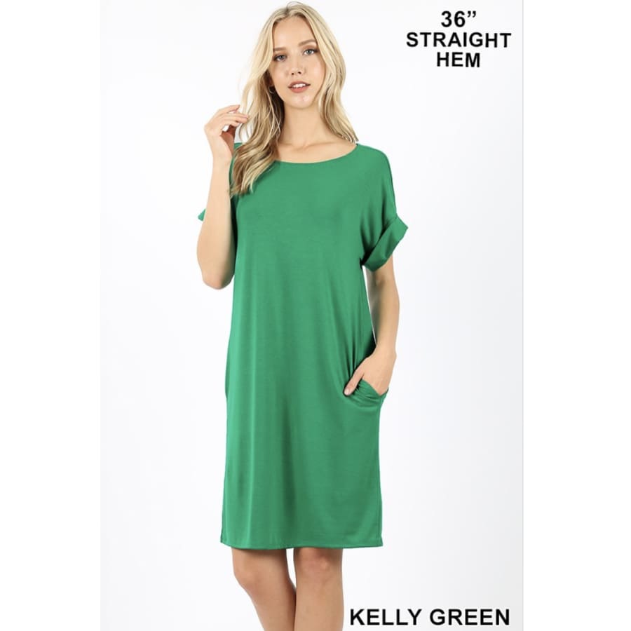 Now here! Rolled Short Sleeve Round Neck Dress S / Kelly Green Dresses