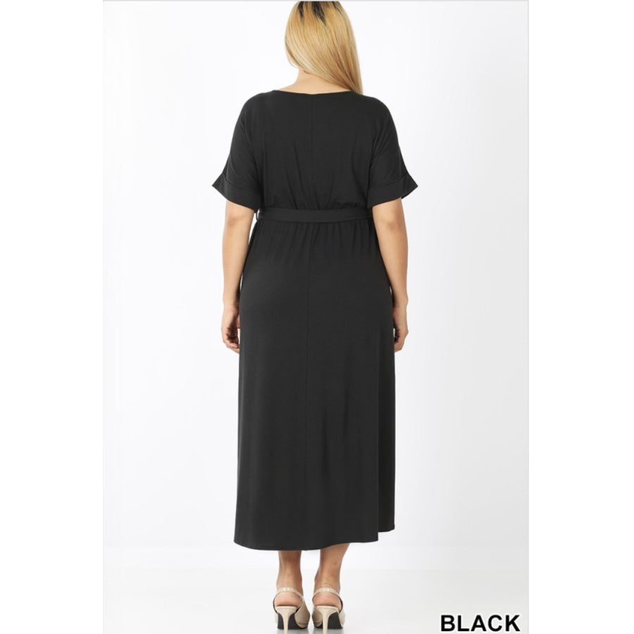 Rolled Sleeve Tulip Dress with Belt S Dresses