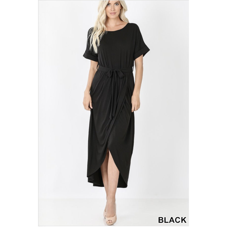 Rolled Sleeve Tulip Dress with Belt S Dresses