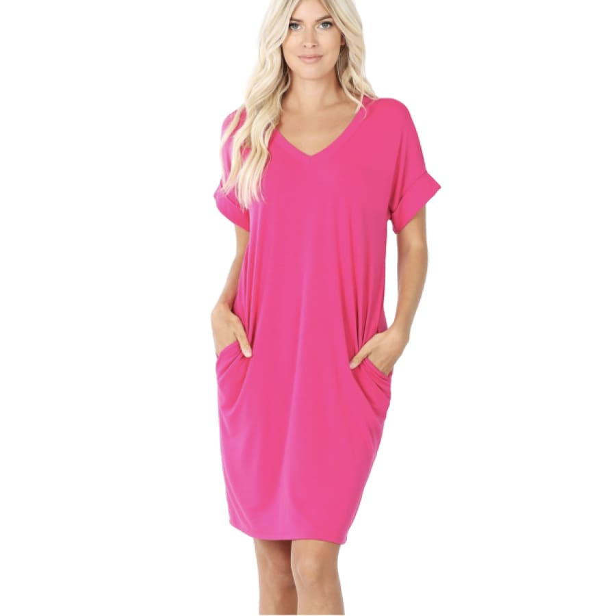 Rolled Sleeve V-Neck Dress with Pockets! S / Hot Pink Dresses