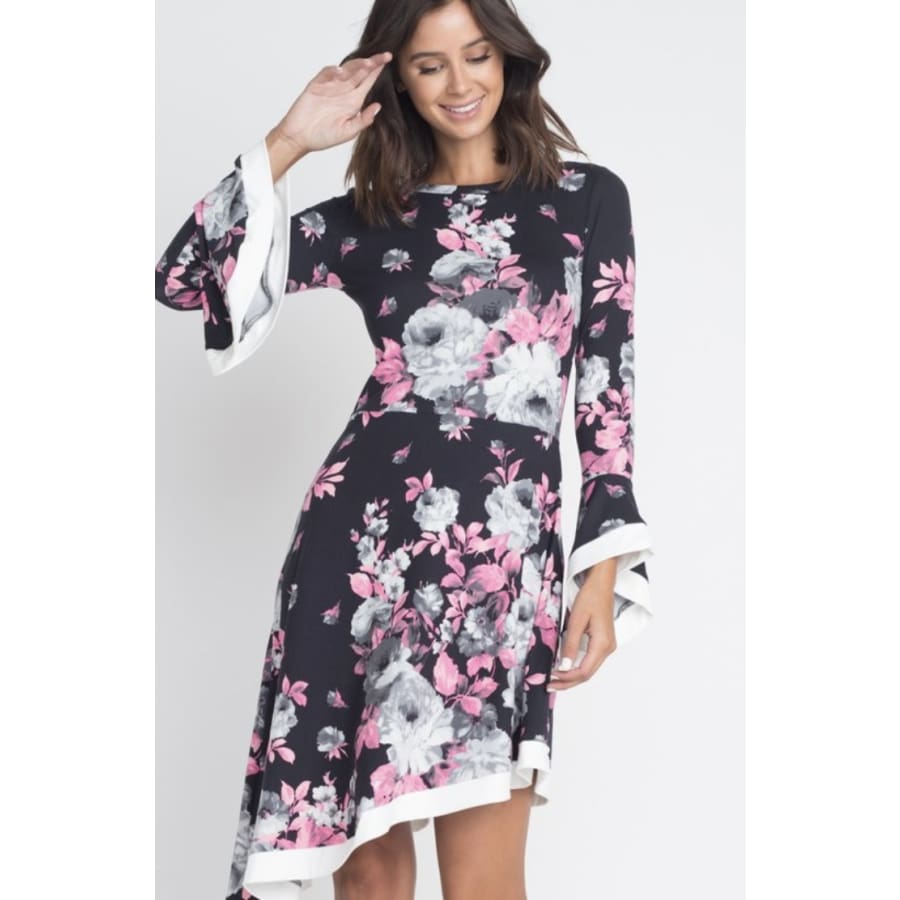 Round Neck Long Bell-Sleeve Midi Dress S / Black/Pink/Grey Dresses