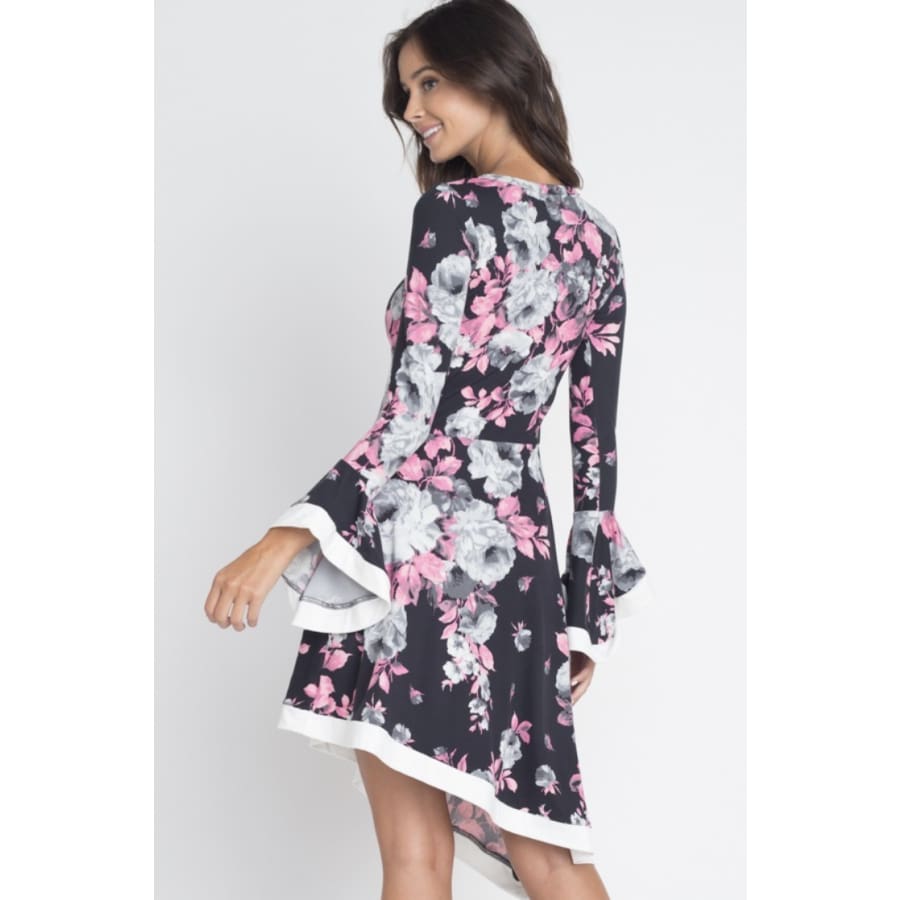 Round Neck Long Bell-Sleeve Midi Dress S / Black/Pink/Grey Dresses