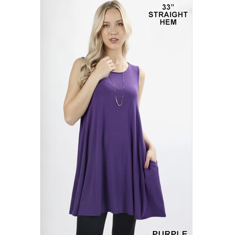 Round Neck Sleeveless Straight Hem Tunic with Pockets L / Purple Tops