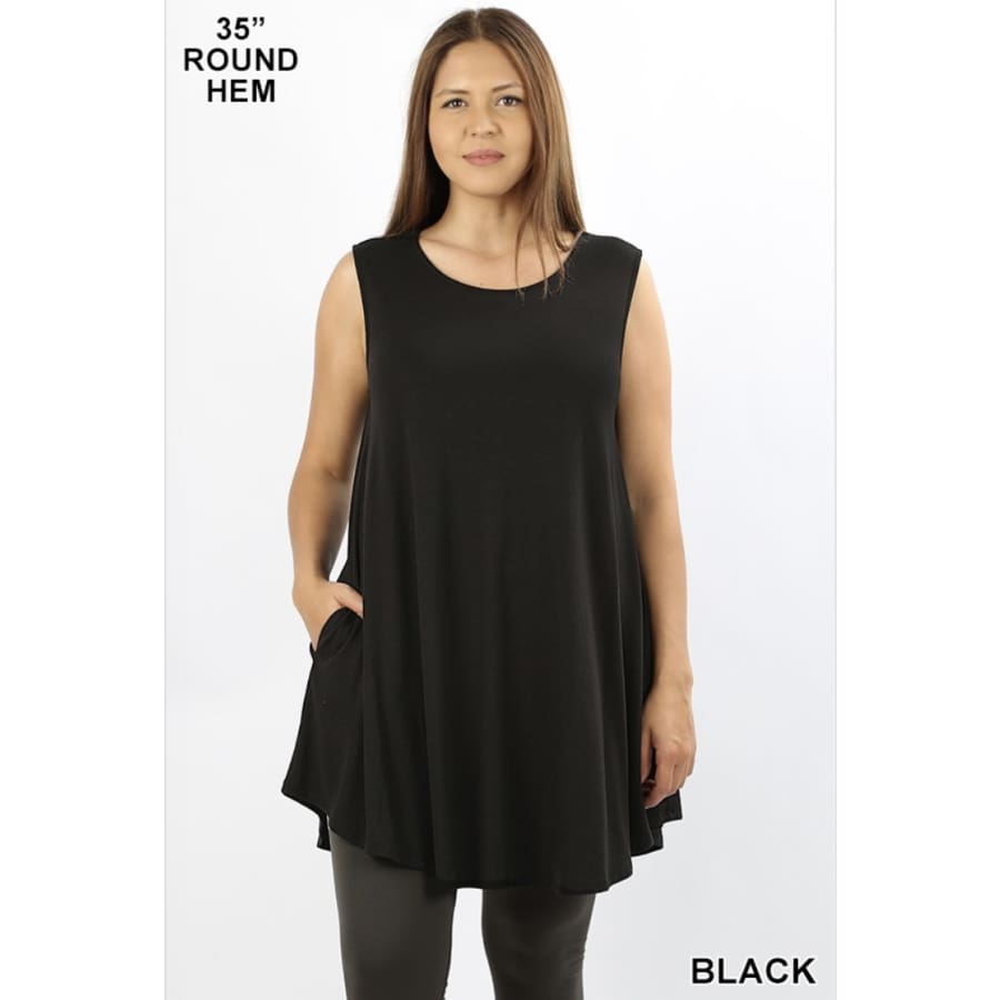 Round Neck Sleeveless Straight Hem Tunic with Pockets XL / Black Tops