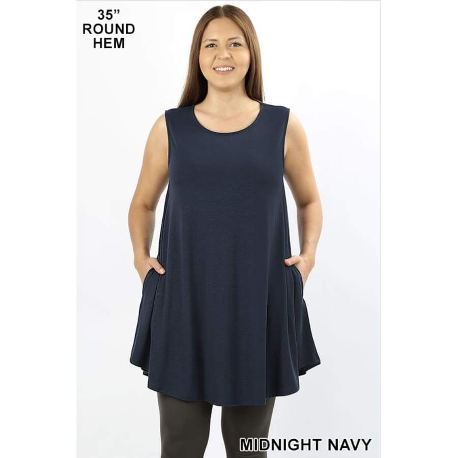 Round Neck Sleeveless Straight Hem Tunic with Pockets 1XL / Midnight Navy Tops