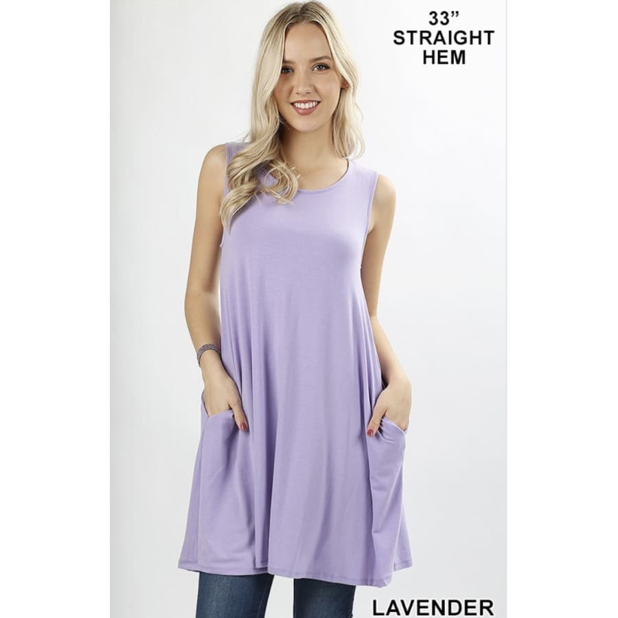 Round Neck Sleeveless Straight Hem Tunic with Pockets L / Lavender Tops