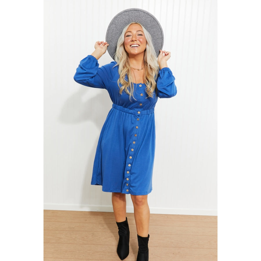 Scoop Neck Empire Waist Long Sleeve Mini Dress Blue / S