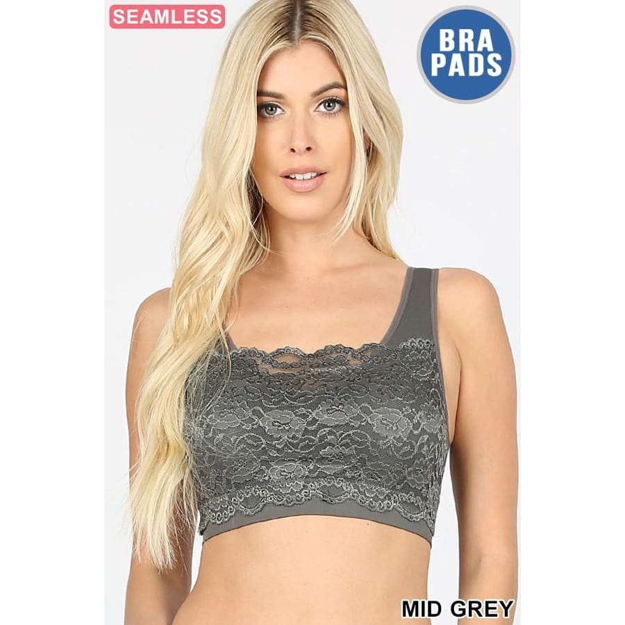 New! Seamless Bra Top With Front Lace Cover Mid Grey / S/M Bra