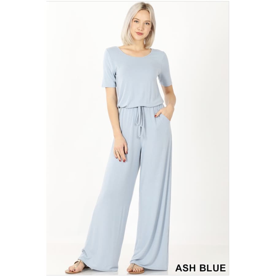 Short Sleeve Jumpsuit with Elastic Waist and Back Keyhole Opening Ash Blue / S Jumpsuits and Rompers