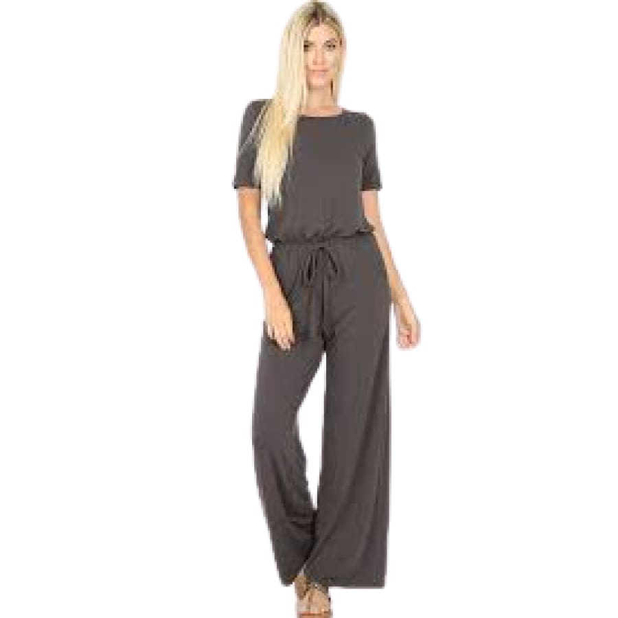Short Sleeve Jumpsuit with Elastic Waist and Back Keyhole Opening Ash Grey / 1XL Jumpsuits and Rompers