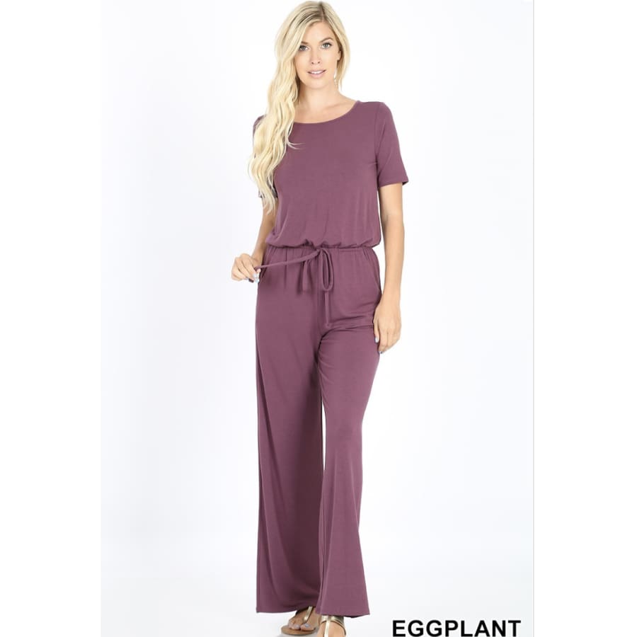 Short Sleeve Jumpsuit with Elastic Waist and Back Keyhole Opening Dusty Pink / 1XL Jumpsuits and Rompers