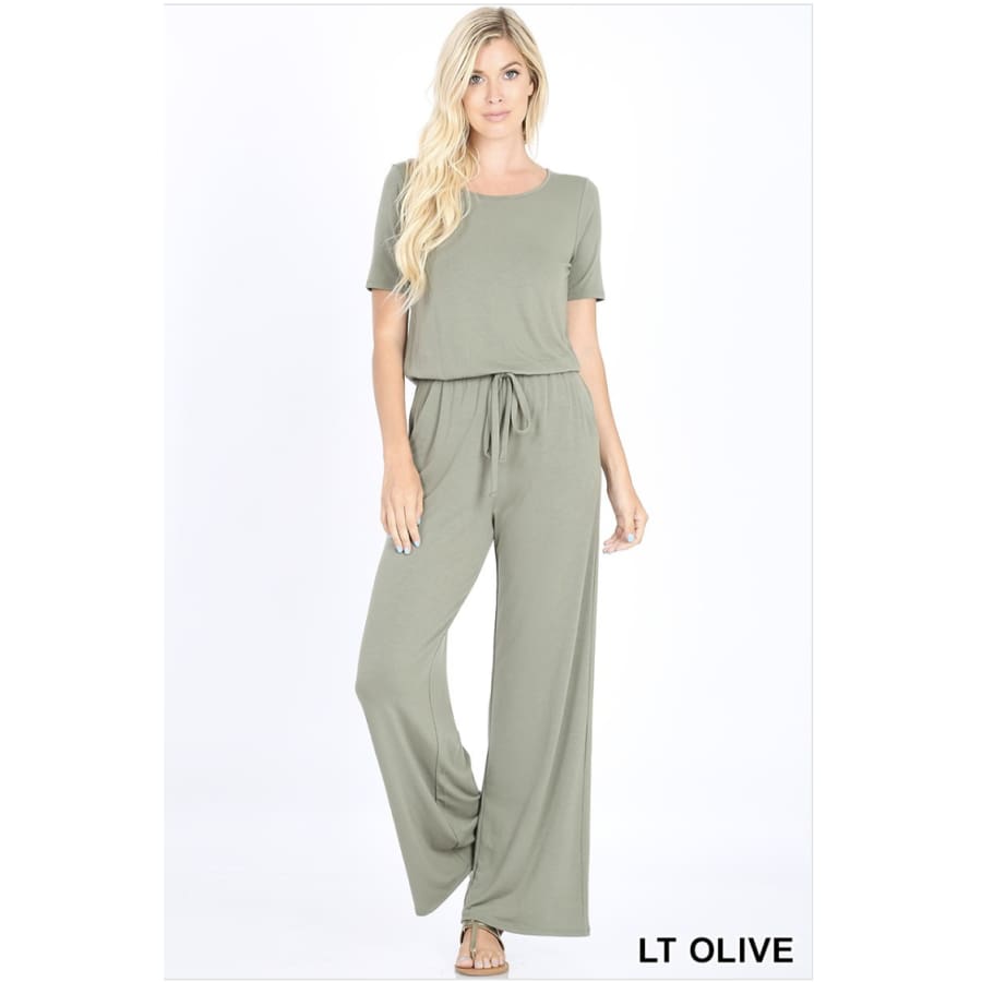 Short Sleeve Jumpsuit with Elastic Waist and Back Keyhole Opening Light Olive / S Jumpsuits and Rompers