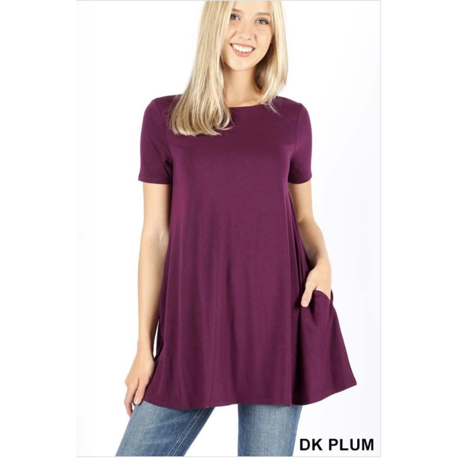 Short Sleeve Longline Flared Top with Pockets Dark Plum / S Tops