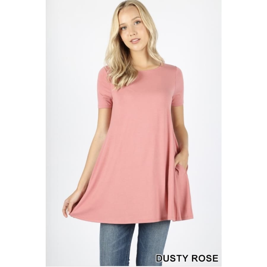 New! Premium Fabric Short Sleeve Round Neck Round Hem Longline Flared Top With Side Pockets S / Dusty Rose Tops