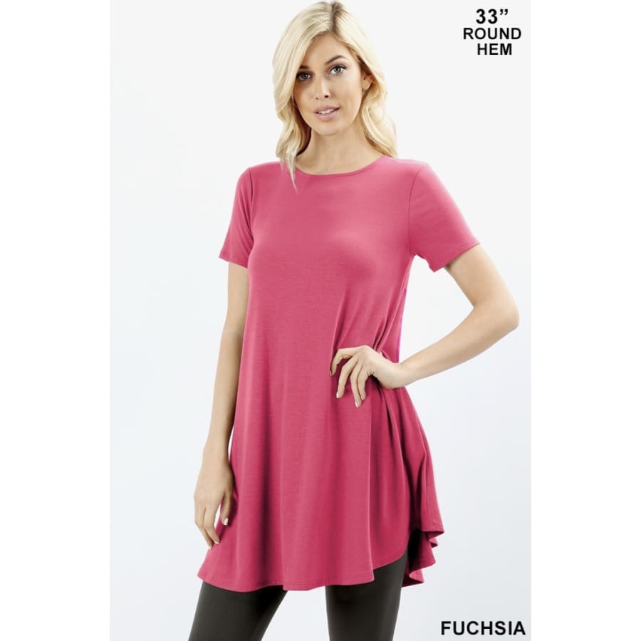 New! Premium Fabric Short Sleeve Round Neck Round Hem Longline Flared Top With Side Pockets S / Fuchsia Tops