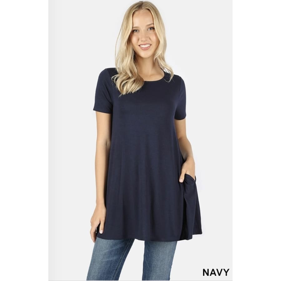 New! Premium Fabric Short Sleeve Round Neck Round Hem Longline Flared Top With Side Pockets S / Navy Tops