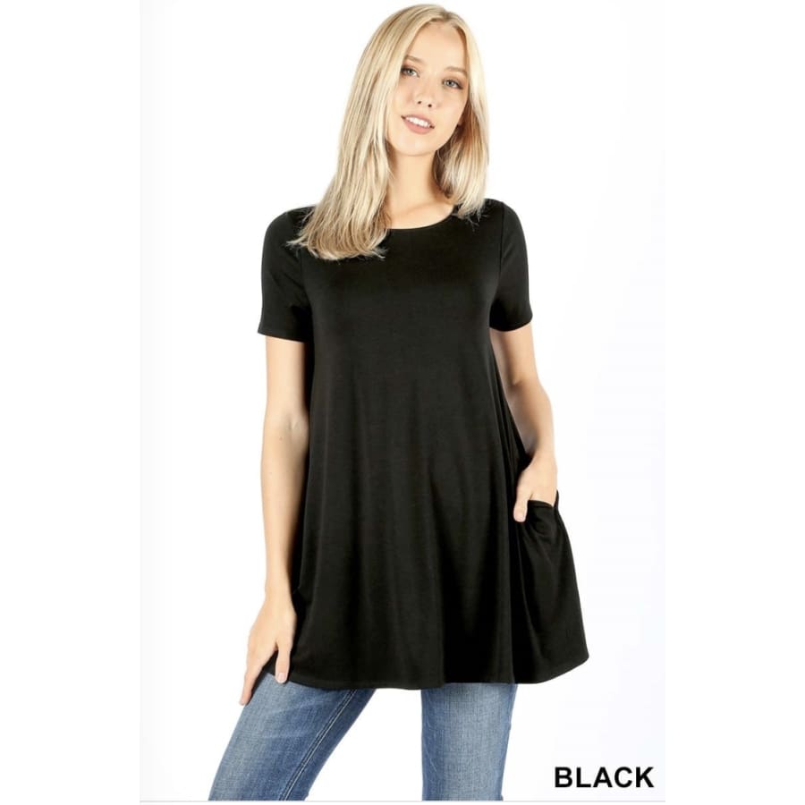 New! Premium Fabric Short Sleeve Round Neck Round Hem Longline Flared Top With Side Pockets S / Black Tops