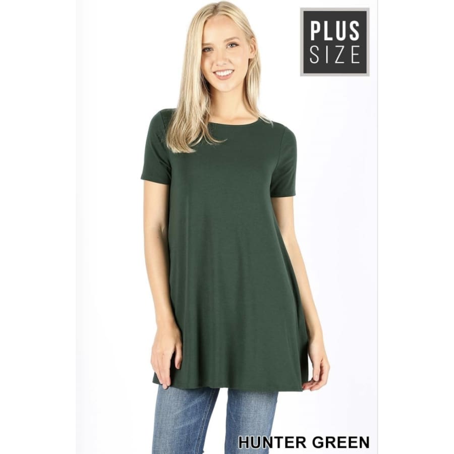 New! Premium Fabric Short Sleeve Round Neck Round Hem Longline Flared Top With Side Pockets Xl / Hunter Green Tops