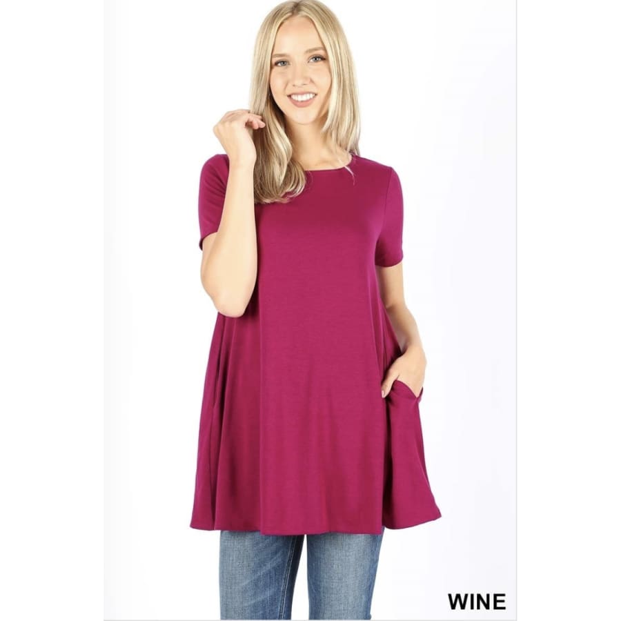 New! Premium Fabric Short Sleeve Round Neck Round Hem Longline Flared Top With Side Pockets S / Wine Tops