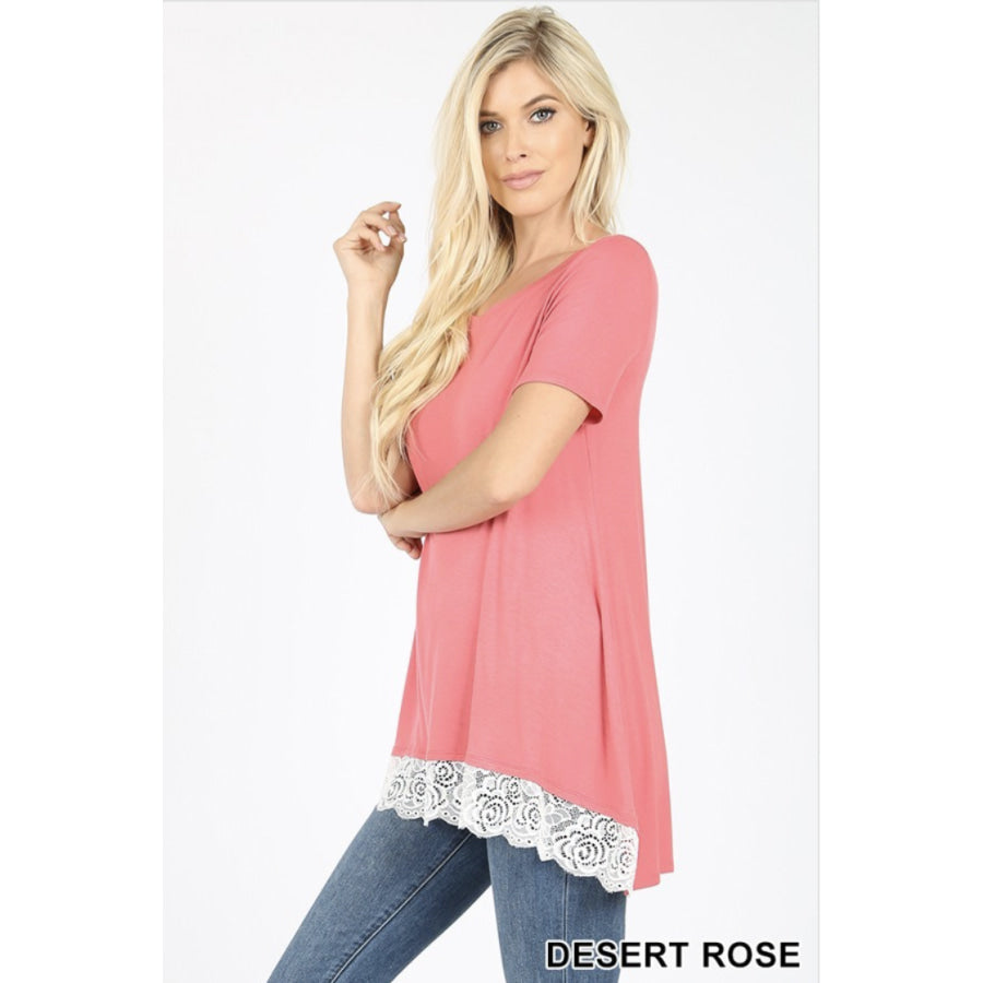 Short Sleeve Round Neck Lace Trim Hi-Low Hem Top S / Cabernet Tops