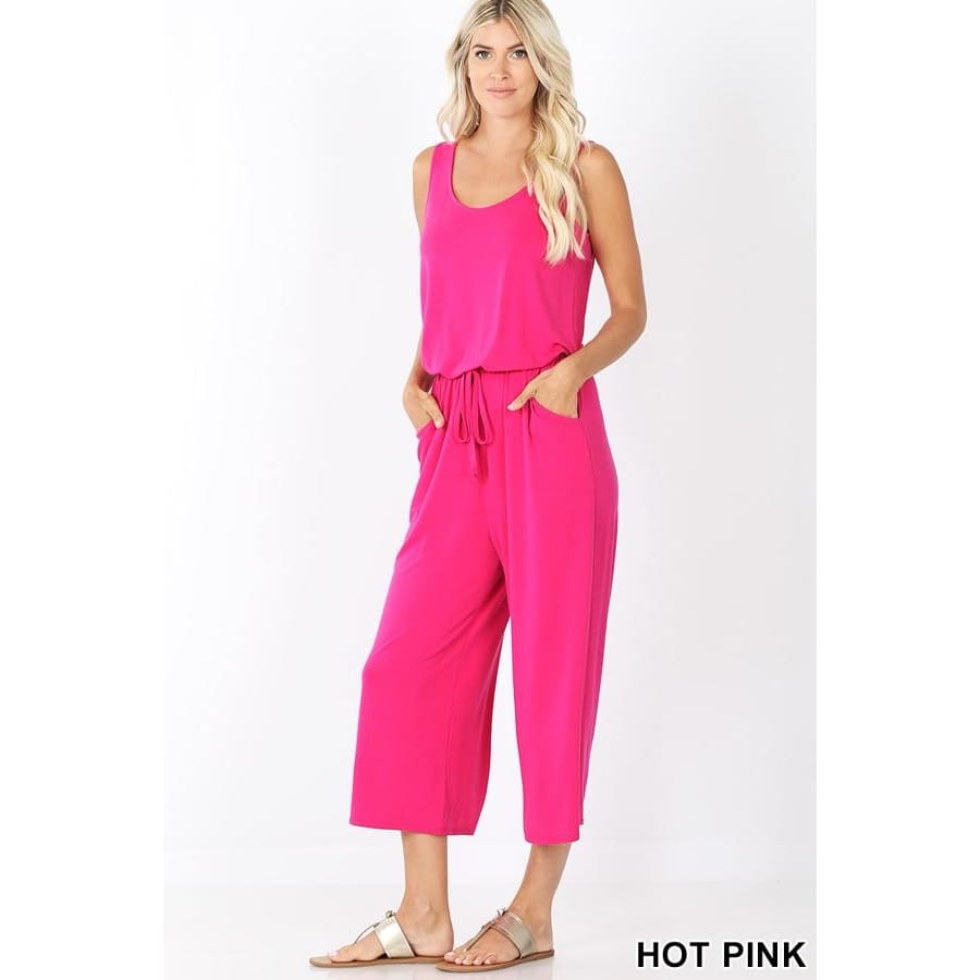 NEW! Sleeveless Jumpsuit with Elastic Waist and Pockets Hot Pink / S Jumpsuits and Rompers