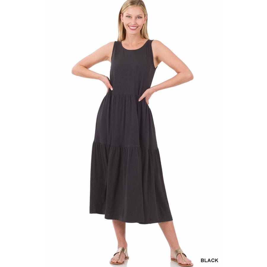 NEW! Sleeveless Tiered Ruffle Midi Maxi Dress Black / 1XL Dresses