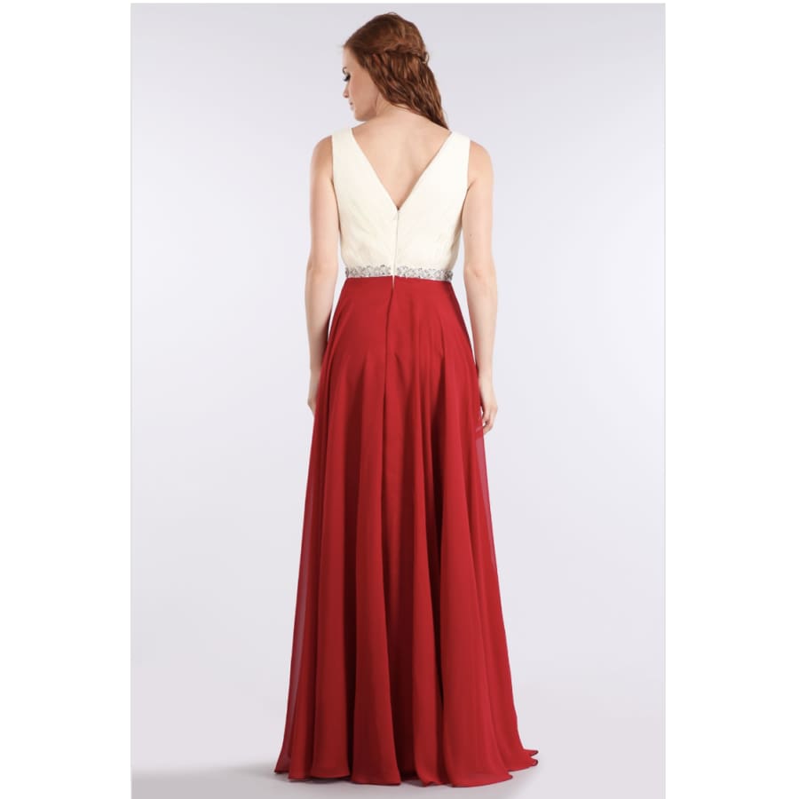 Sleeveless V-Neck Dress with Pleated Detailing and Embellished Waist M / Ivory/Mocha Gown