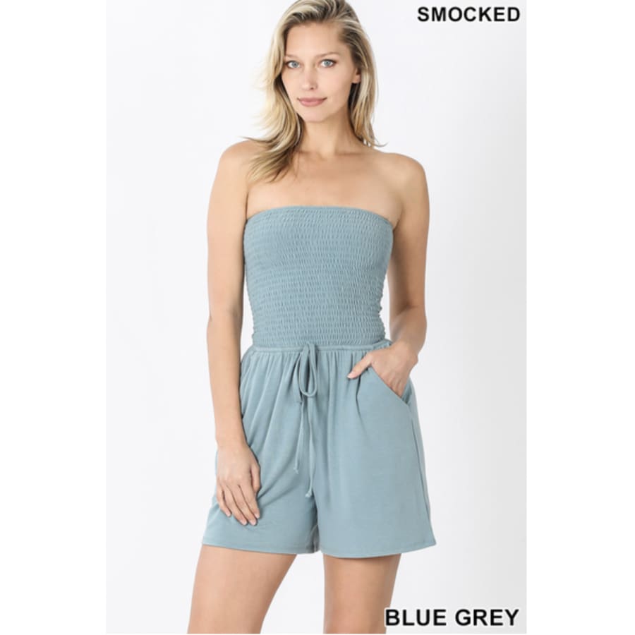 NEW! Smocked Bandeau Romper with Pockets Blue Grey / S Romper