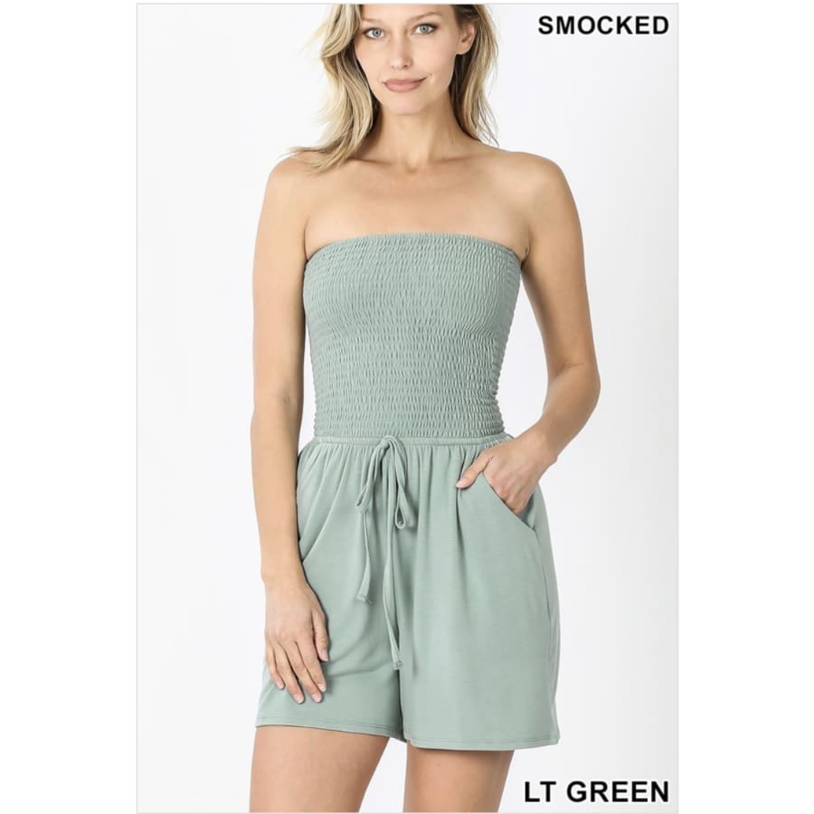NEW! Smocked Bandeau Romper with Pockets Light Green / S Romper