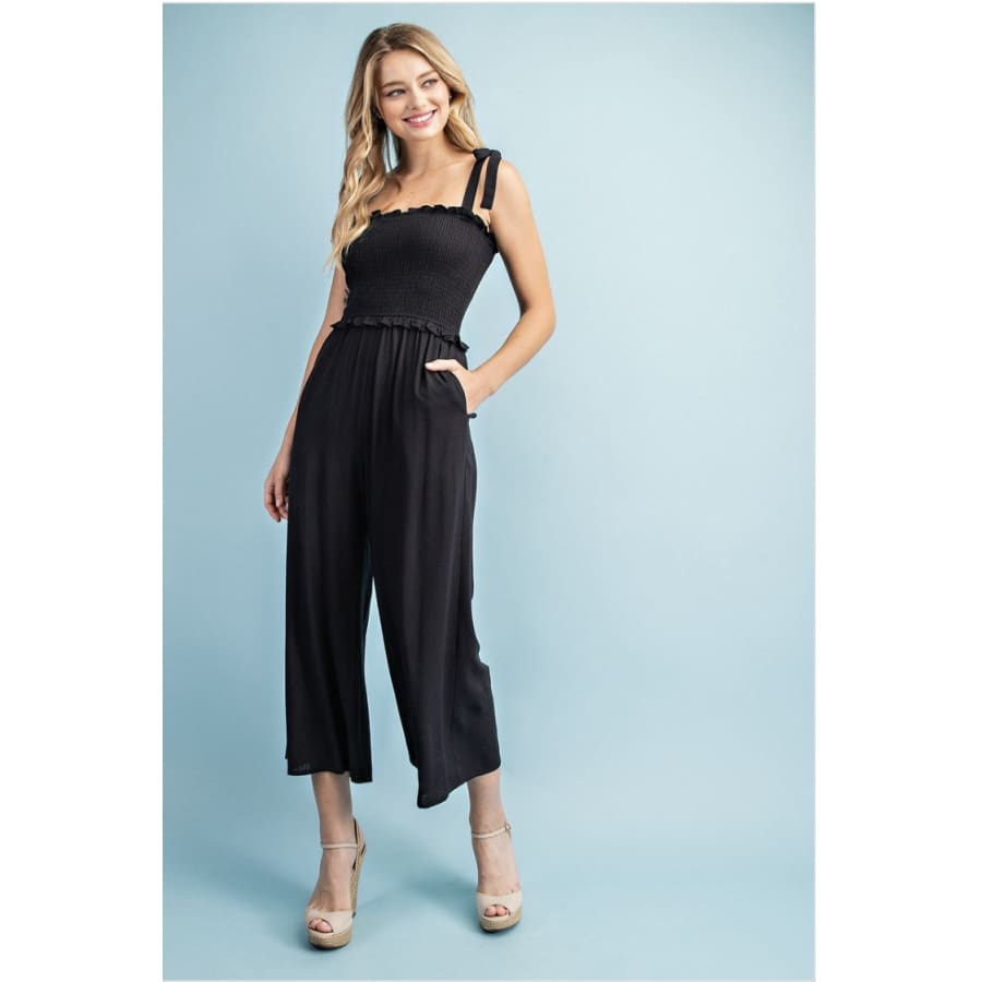 NEW! Smocked Waist Jumpsuit Ruffle Trim and Bow Tie Straps Black / S Jumpsuit