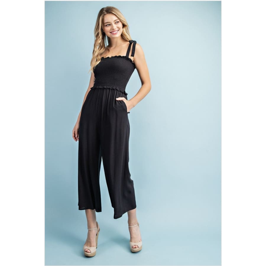 NEW! Smocked Waist Jumpsuit Ruffle Trim and Bow Tie Straps Jumpsuit