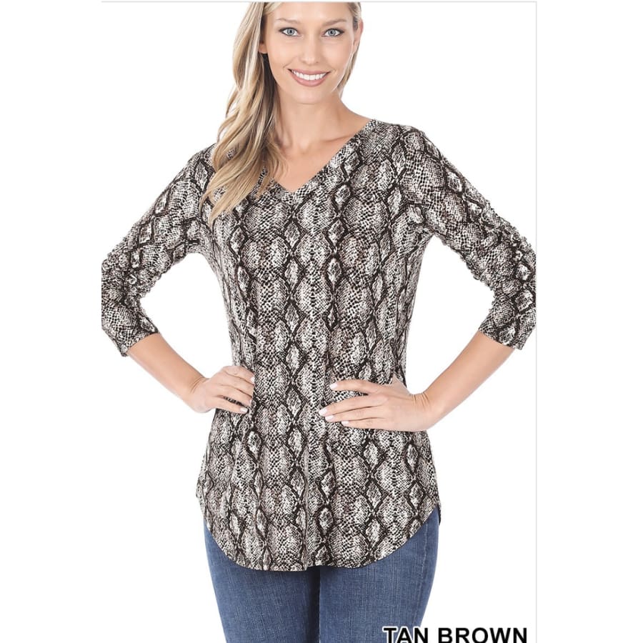 NEW!! Leopard and Snake Print V-neck Long Sleeve Top Snake Tan/Brown / S Tops