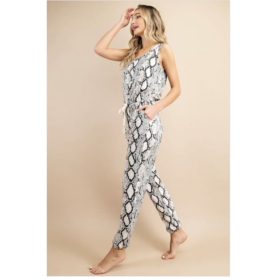 NEW! Snakeskin Print Jumpsuit with Drawstring Cinched Waist and Pockets Jumpsuit