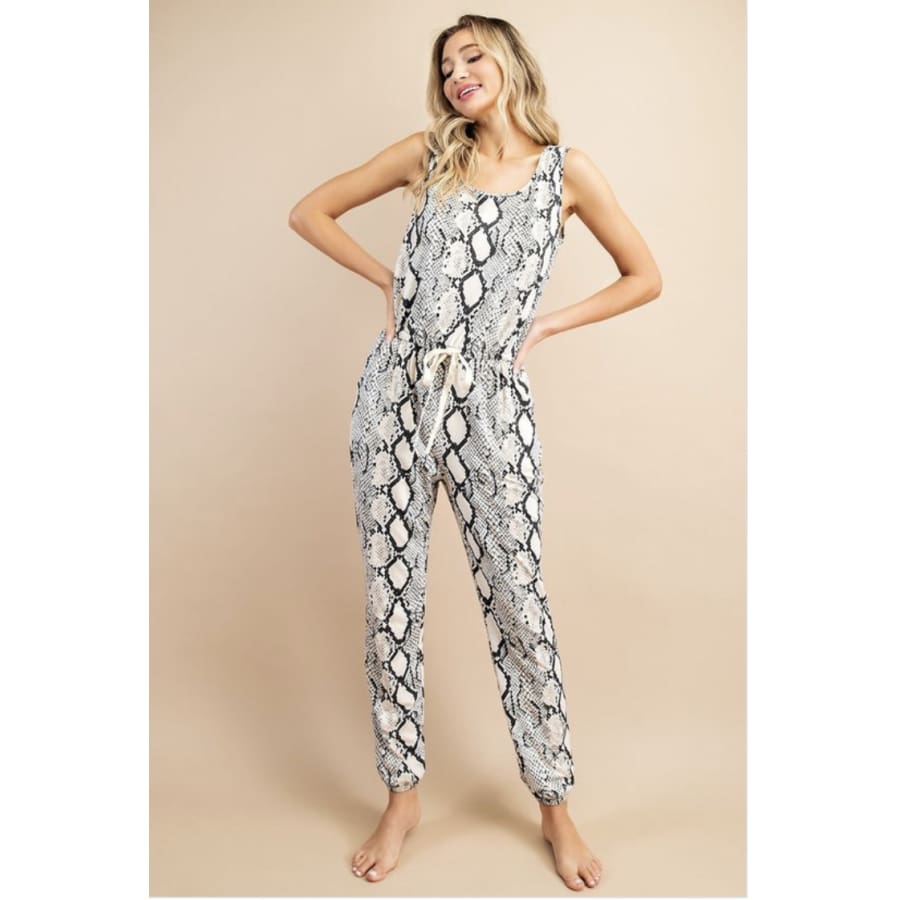 NEW! Snakeskin Print Jumpsuit with Drawstring Cinched Waist and Pockets Jumpsuit