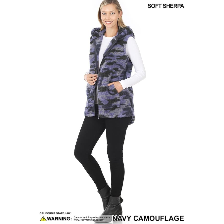 NEW! Soft Sherpa Camouflage Print Zip-Up Hooded Vest with Pockets Jacket