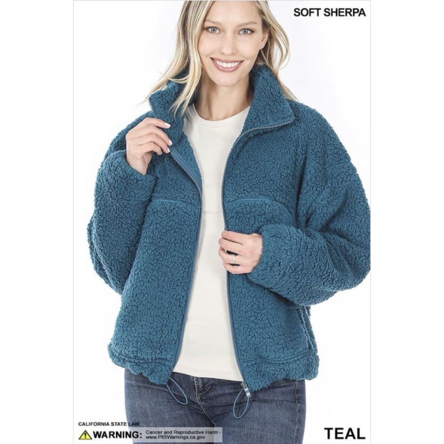 NEW! Soft Sherpa Zip-Up Hooded Jacket with Pockets Teal / S Jacket