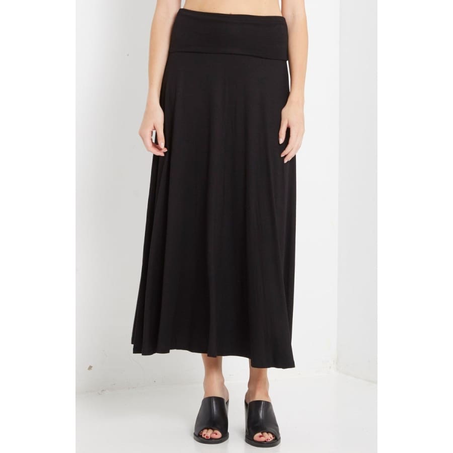 New!-Solid Fold Over Maxi Skirt S / Black