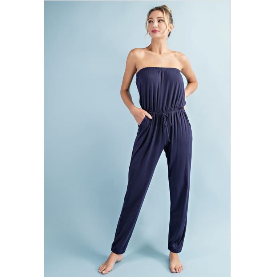 NEW! Solid Tube Jumpsuit with Drawstring Waist Jogger Legs and Pockets Jumpsuit