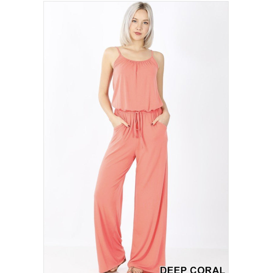 Spaghetti Strap Jumpsuit with Pockets XL / Deep Coral Jumpsuits and Rompers