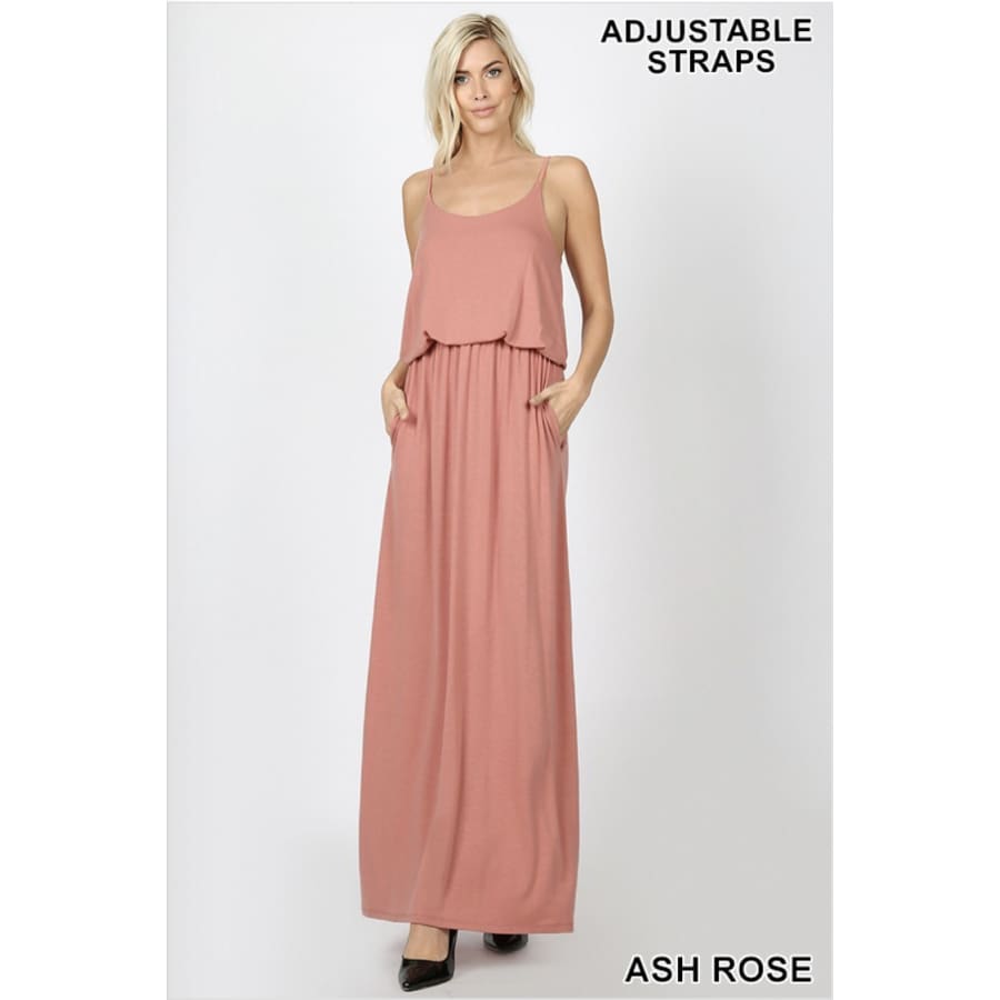 NEW! Spaghetti Strap Two Layer Top Cami Maxi Dress with Pockets Ash Rose / 1XL Dress