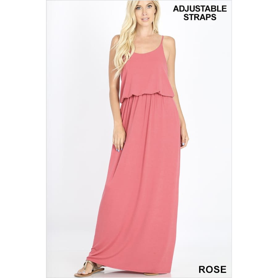 NEW! Spaghetti Strap Two Layer Top Cami Maxi Dress with Pockets Rose / S Dress
