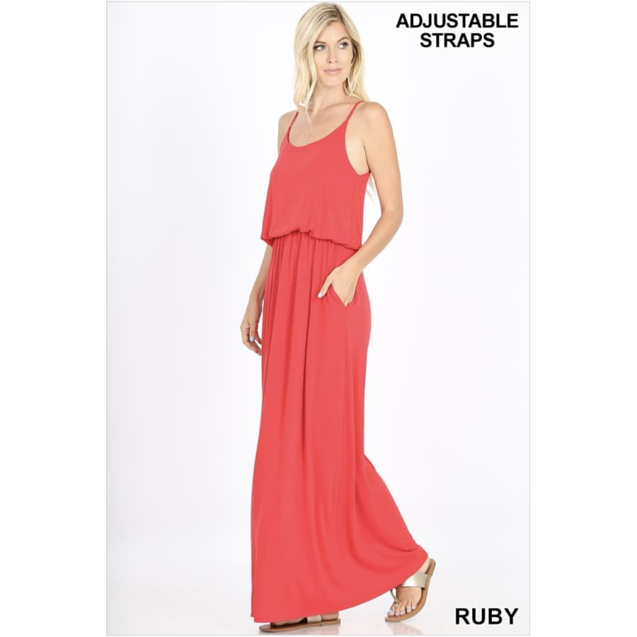 NEW! Spaghetti Strap Two Layer Top Cami Maxi Dress with Pockets Ruby / S Dress