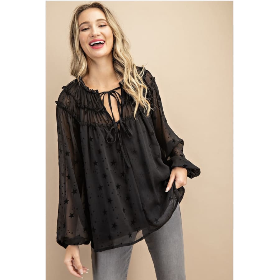 NEW! Star Print Blouse with Tie at Collar Puff Sleeves and Ruffle Detailing Black / S Tops