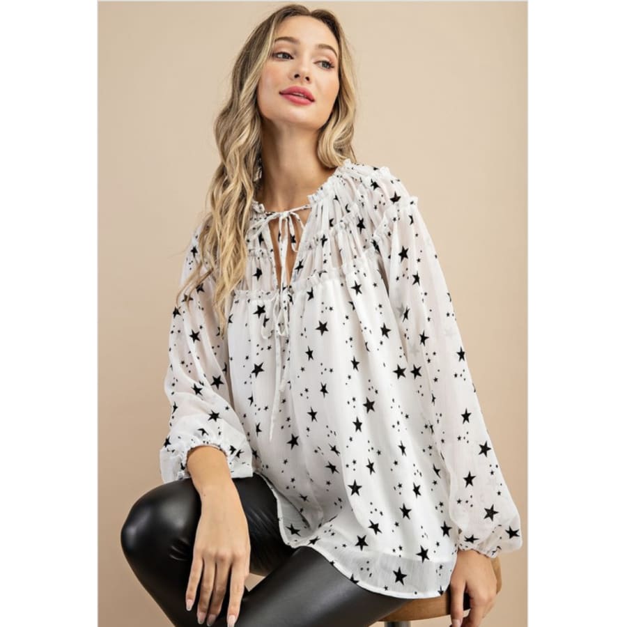 NEW! Star Print Blouse with Tie at Collar Puff Sleeves and Ruffle Detailing Tops