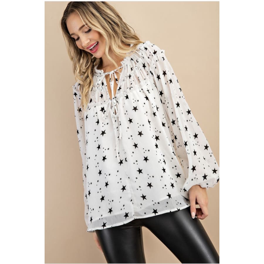 NEW! Star Print Blouse with Tie at Collar Puff Sleeves and Ruffle Detailing Tops