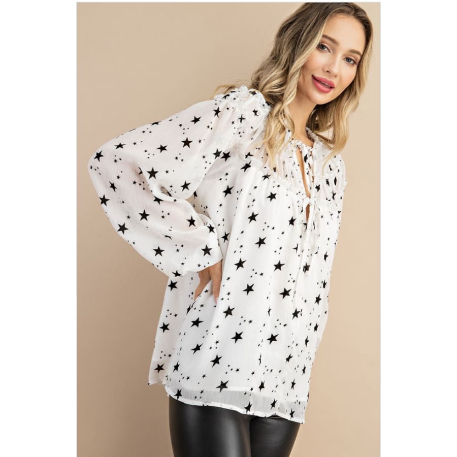 NEW! Star Print Blouse with Tie at Collar Puff Sleeves and Ruffle Detailing White / S Tops