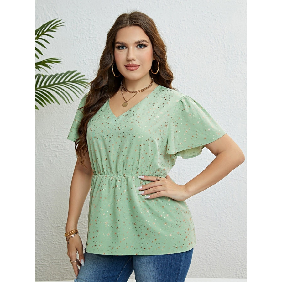 Star V-Neck Puff Sleeve Peplum Top