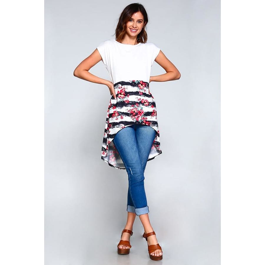 Stripe Cap Sleeve Top With Floral/stripe Bottom Hi-Low Tunic Tops