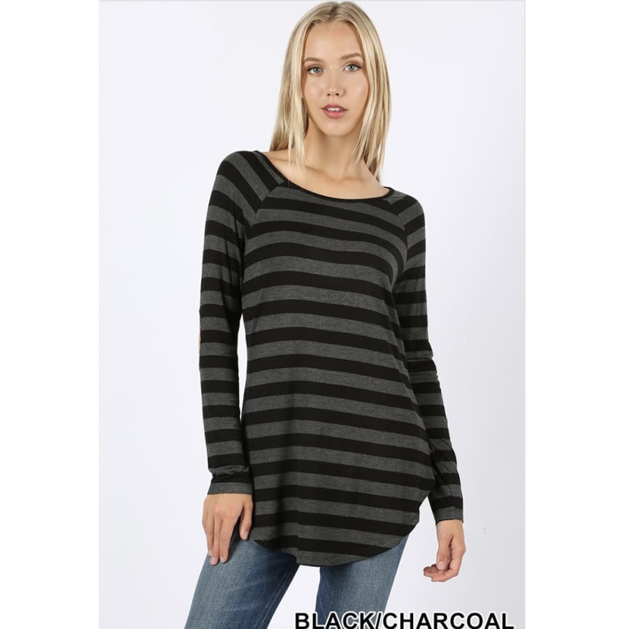 NEW! Striped Long Sleeve Boatneck Top with Elbow Patch Detail S / Black/Charcoal Tops