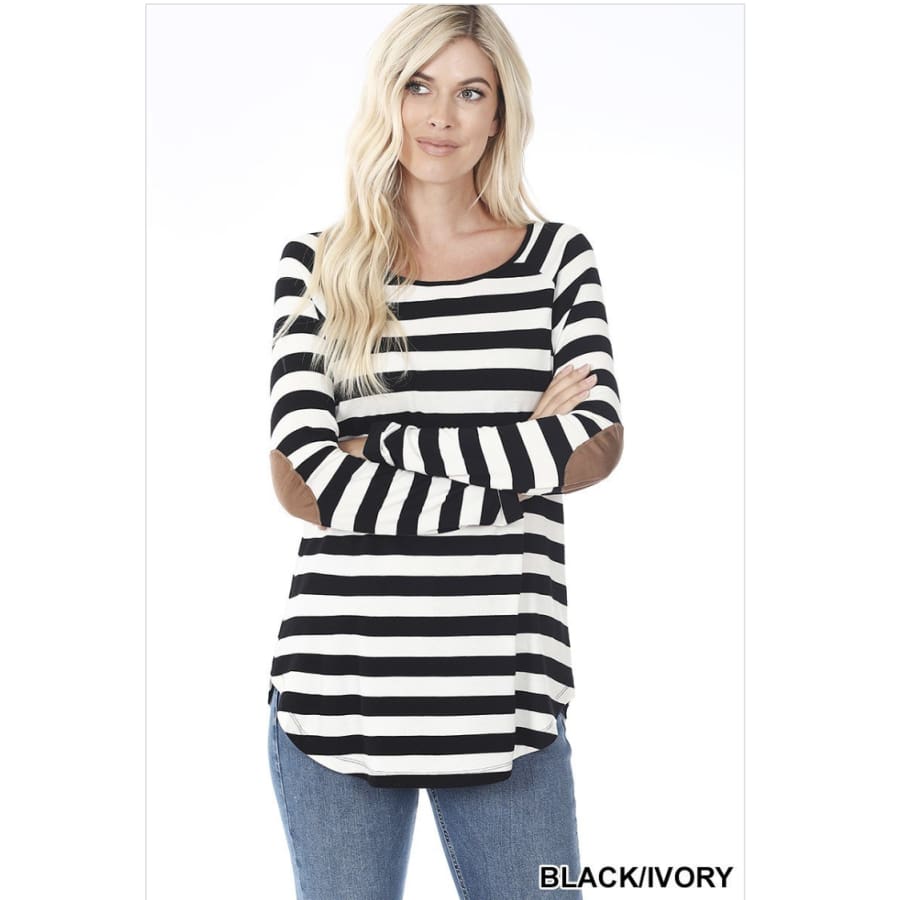 NEW! Striped Long Sleeve Boatneck Top with Elbow Patch Detail S / Black/Ivory Tops